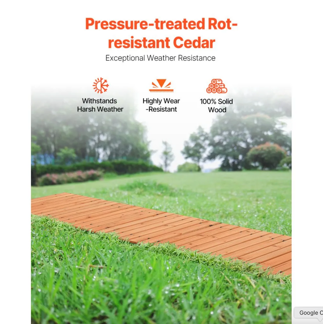 Rollweg Gartenweg 368x56 cm, Ausrollbarer Holzweg, Außenweg aus Zedernholz mit Drahtseilverbindung, Gartentritt, Trittplatten, dekorativer Holzweg, Holztritt im Garten, Hinterhof, Terrasse